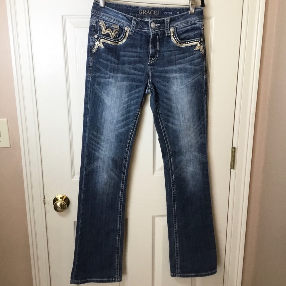 Grace in LA Boot Cut Blue Jeans with Distressing & Embellishments - 28
